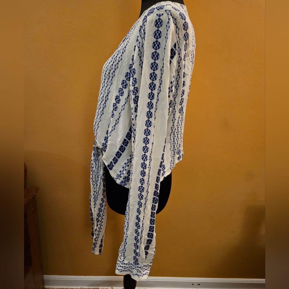 Karen Kane Blue and White Long Sleeve Tie Front Blouse - Picture 2 of 7